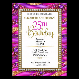 Convites Aniversário de 25 anos Glam Pink Gold Jeweled Stra