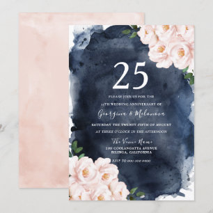 Convites Aniversário de 25 anos Navy Watercolor Blush Flora
