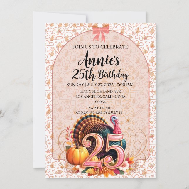 Convites Aniversário de 25 anos no Dia de Ação de Graças Vi (Frente)