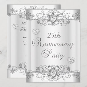 Convites Aniversário de 25 anos Silver White Diamond Hearts