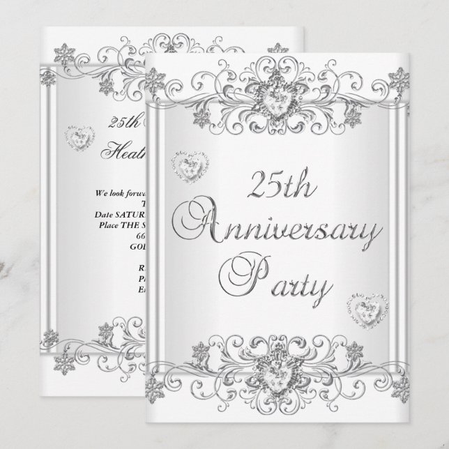 Convites Aniversário de 25 anos Silver White Diamond Hearts (Frente/Verso)