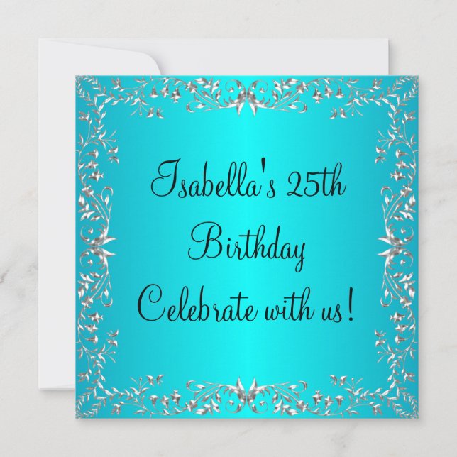 Convites Aniversário de 25 anos Turquesa & Floral Metálico  (Frente)