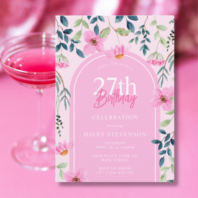 Convites Aniversário de 27 anos Floral Rosa Elegante Femini (Criador carregado)