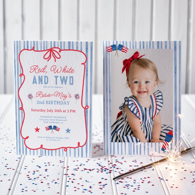 Convites Aniversário de 2 anos American Red White Two (American Red White Two 2nd Birthday Invitation)