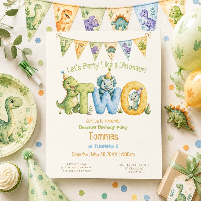 Convites Aniversário de 2 anos com tema de dinossauro fofo (Criador carregado)