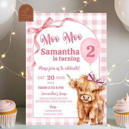 Convites Aniversário de 2 anos da Cow Girl Gingham Rosa Pre