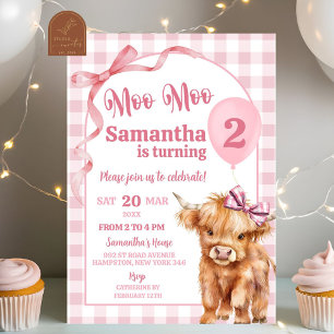 Convites Aniversário de 2 anos da Cow Girl Gingham Rosa Pre