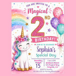 Convites Aniversário de 2 anos da Menina Unicórnio Mágico