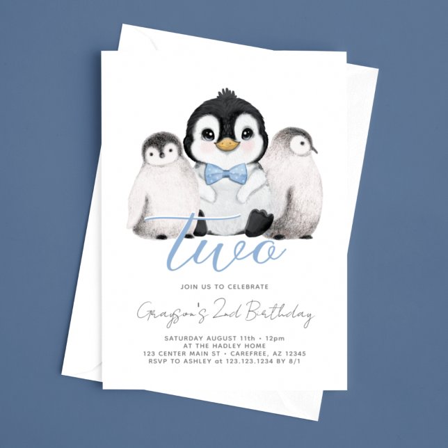 Convites Aniversário de 2 anos de Pinguins Fofos Crianças (Criador carregado)