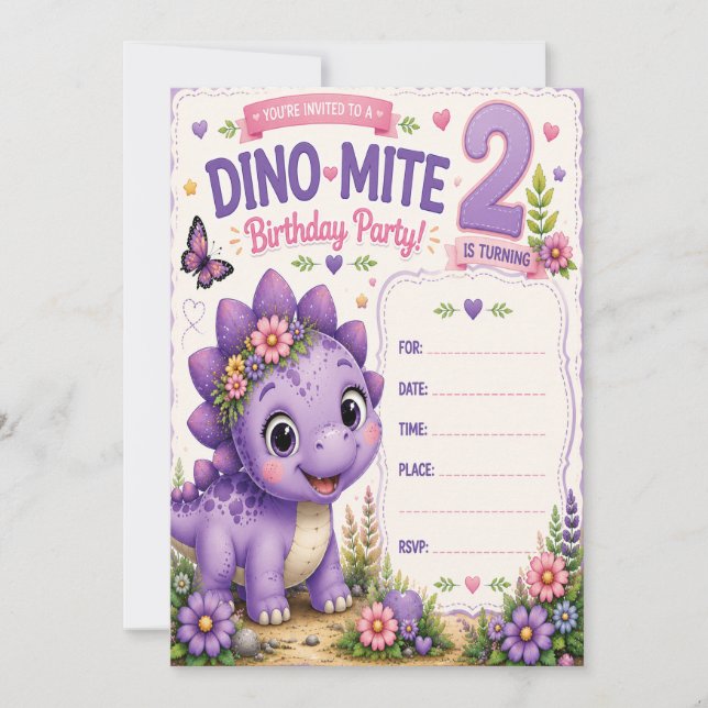 Convites Aniversário de 2 anos Dino-Mite da Pebbles (Frente)
