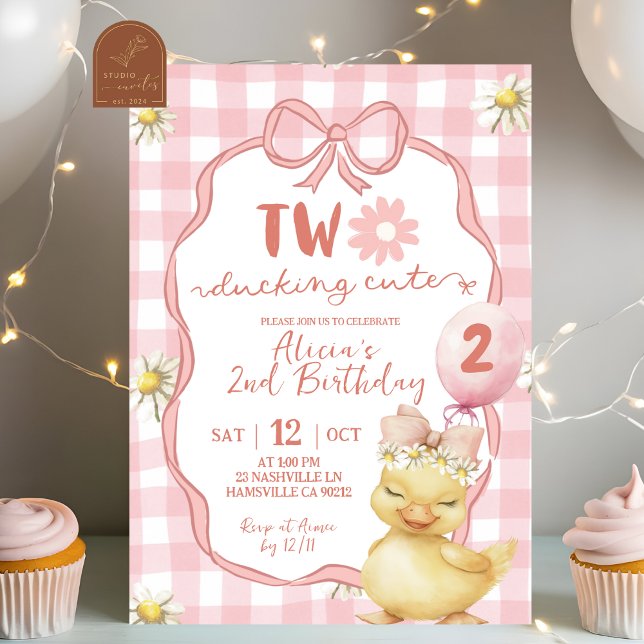 Convites Aniversário de 2 anos do Gingham Rosa Margarida Am (Criador carregado)