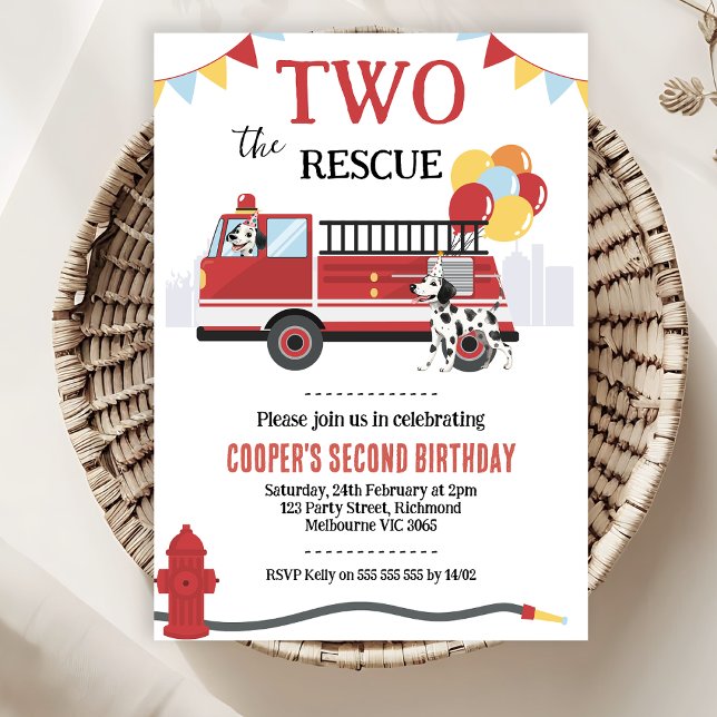 Convites Aniversário de 2 anos do Modern Two The Rescue Cam (Two The Rescue 2nd Birthday Invitation Template Boy, Fire Engine 2nd Birthday Invitation, Dalmatians)