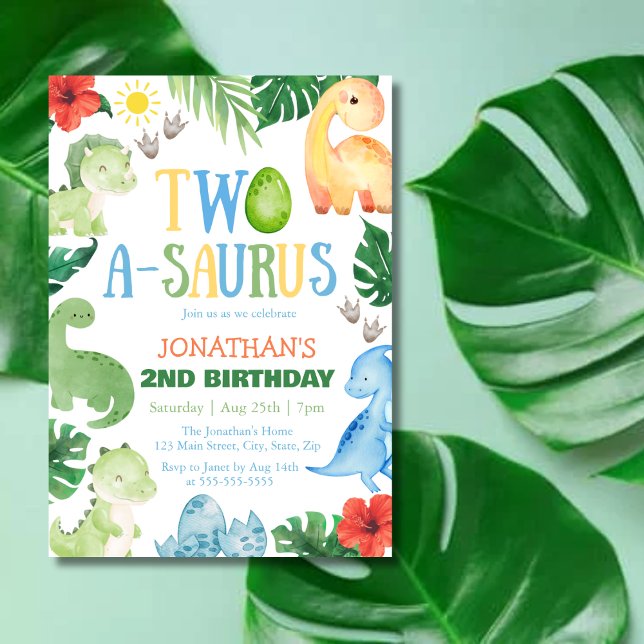 Convites Aniversário de 2 anos do Two A-Saurus Dino (Criador carregado)