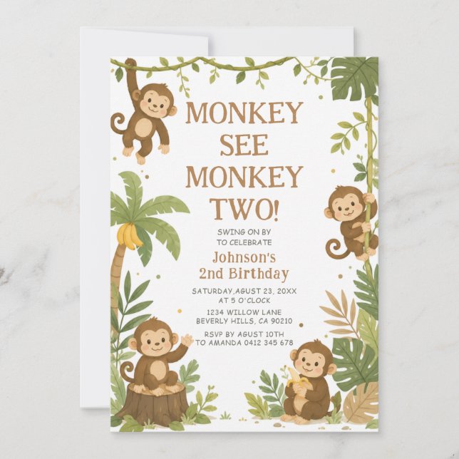 Convites Aniversário de 2 anos Monkey See Monkey Two Jungle (Frente)