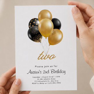 Convites Aniversário de 2 anos Preto e Dourado com Balões