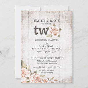 Convites Aniversário de 2 anos Rustic Wood Shabby Chic Rosa