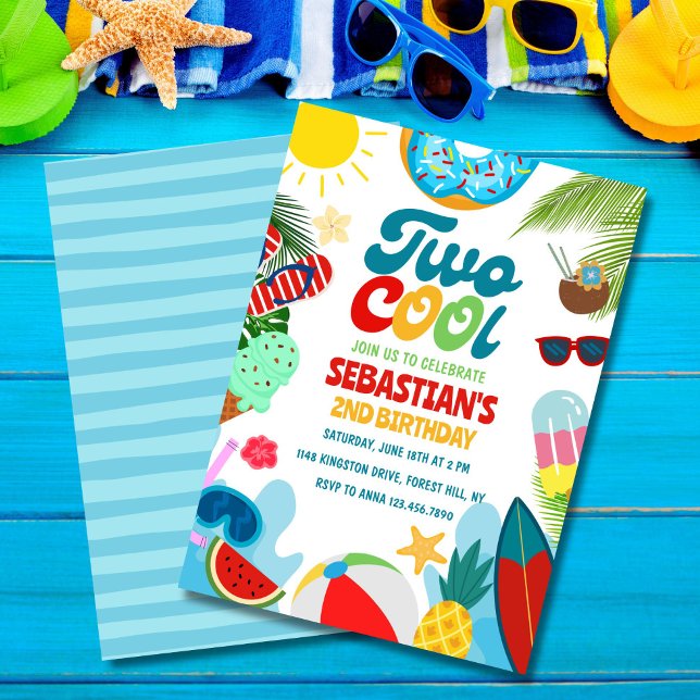 Convites Aniversário de 2 anos Two Cool Pool Party na Praia (Summer-themed Two Cool invite – perfect for your two-year-old!)
