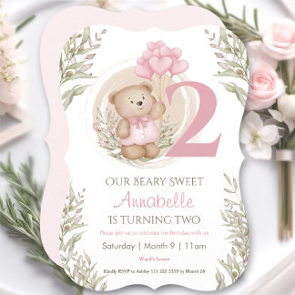 Convites Aniversário de 2 anos Urso Teddy Fofo Balões Coraç