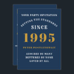 Convites aniversário de 30 anos 1995 Azul Dourado Personali<br><div class="desc">Para aqueles nasceres em 1995 e celebrando a sua festa de aniversário de 30 anos, temos o cartão de convite de aniversário ideal. O fundo azul com design branco e ouro é simples e, no entanto, elegante. Personalize facilmente o texto na frente e na parte traseira deste cartão de convite...</div>