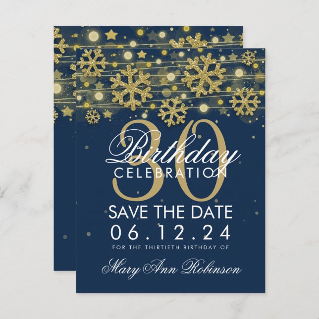 Convites aniversário de 30 anos Azul do Marinho Dourado Dat (Frente/Verso)