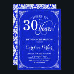 Convites aniversário de 30 anos - Azul Real - Damasco Branc<br><div class="desc">Convite para aniversário de 30 anos. Elegante vintage design real azul e branco com cor damasco. Apresenta a fonte do script. Até 30 anos! Pode ser personalizado em qualquer idade! Envie-me uma mensagem se precisar de mais personalização.</div>