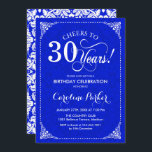 Convites aniversário de 30 anos - Azul Real - Damasco Branc<br><div class="desc">Convite para aniversário de 30 anos. Elegante vintage design real azul e branco com cor damasco. Apresenta a fonte do script. Até 30 anos! Pode ser personalizado em qualquer idade! Envie-me uma mensagem se precisar de mais personalização.</div>