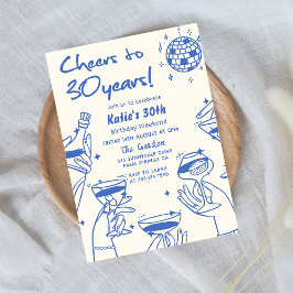 Convites Aniversário de 30 anos Azul Retro-Mão Desenhada Fu