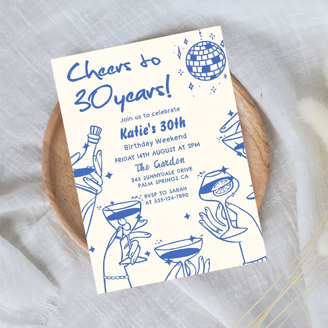 Convites Aniversário de 30 anos Azul Retro-Mão Desenhada Fu (Criador carregado)