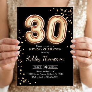 Convites aniversário de 30 anos - Balões Dourados Pretos
