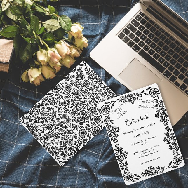 Convites Aniversário de 30 anos bobotânico branco e preto (Criador carregado)