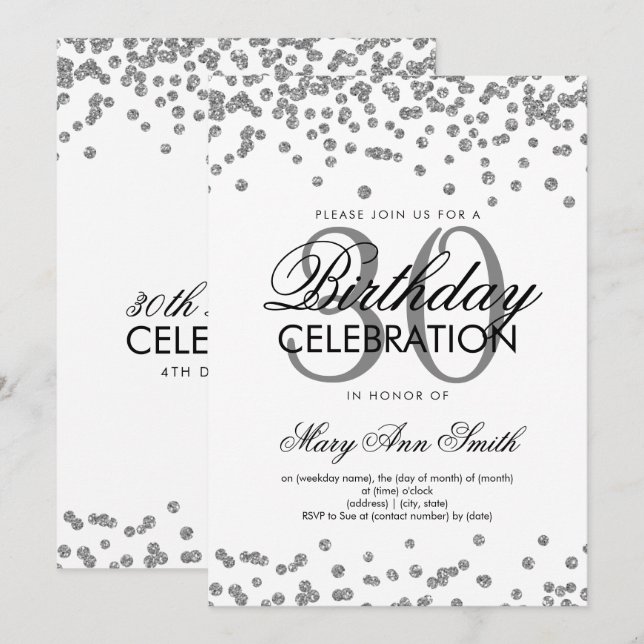 Convites Aniversário de 30 anos Branco da Glitter de Prata  (Frente/Verso)