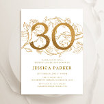 Convites Aniversário de 30 anos branco Dourado elegante<br><div class="desc">Convite de festas branco de ouro elegante. Design feminina moderna personalizável,  com sotaques botânicos rosas e ouro brilhante falso. Simples cartão de convite floral perfeito para uma comemoração de um na moda. Personalize com seus próprios detalhes. Impressos convites Zazzle ou modelo de impressão digital instantânea para download.</div>