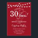 Convites aniversário de 30 anos - Branco Vermelho<br><div class="desc">aniversário de 30 anos Convite Simples de design vermelho e branco com luzes de cordas de fada e fontes de script. Até 30 anos! Pode ser personalizado em qualquer idade! Envie-me uma mensagem se precisar de mais personalização.</div>