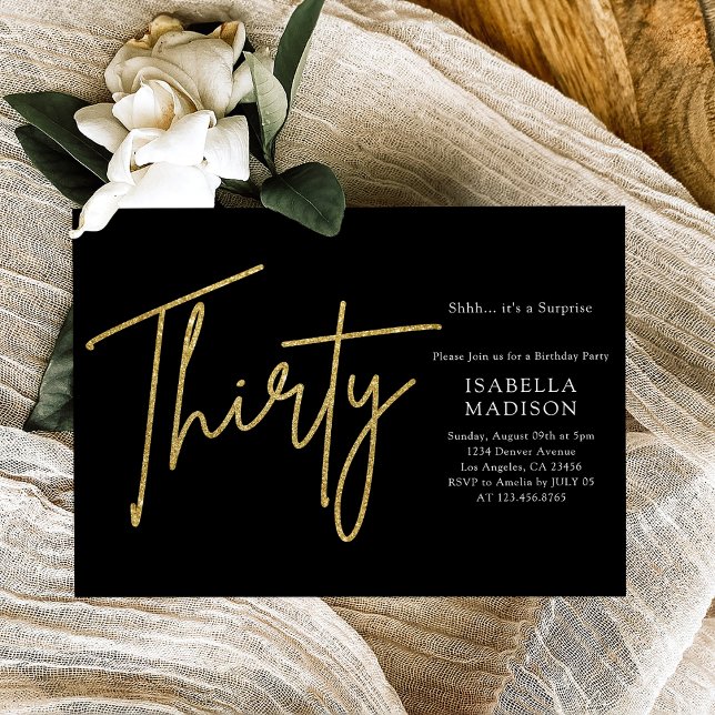 Convites Aniversário de 30 anos brilhante preto e Dourado (Simple Black and Gold Glitter 30th Birthday Invitation
)