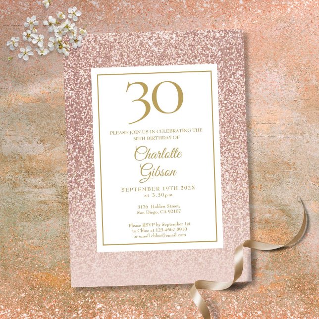 Convites Aniversário de 30 anos brilhante Rosa Dourado (Elegant Rose Gold Glitter 30th Birthday Invitation)
