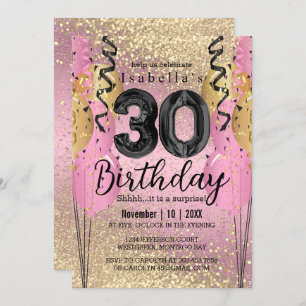 Convites Aniversário de 30 anos brilhante rosa e Dourado