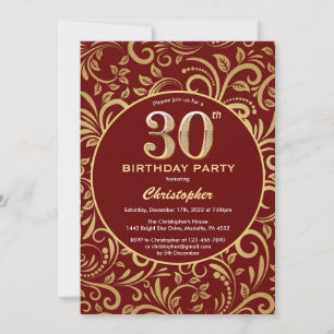 Convites aniversário de 30 anos Burgundy Red e Dourado Padr