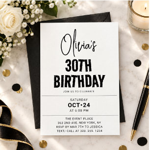 Convites Aniversário de 30 anos Chic & Minimalista com Letr