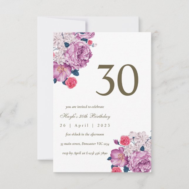 Convites Aniversário de 30 anos Chic Simples Botânico Purpl (Frente)
