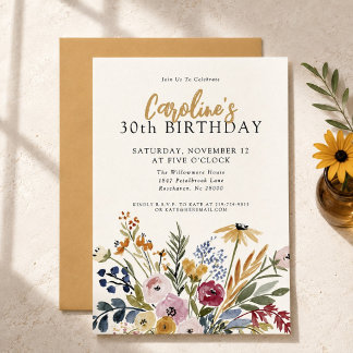 Convites Aniversário de 30 anos com Estilo Floral em Aquare