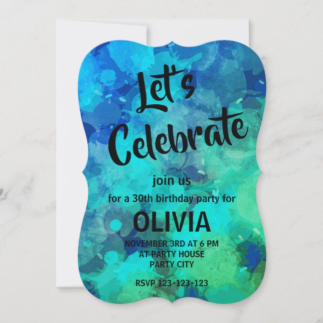Convites Aniversário de 30 anos com tinta de álcool azul ro (Frente)