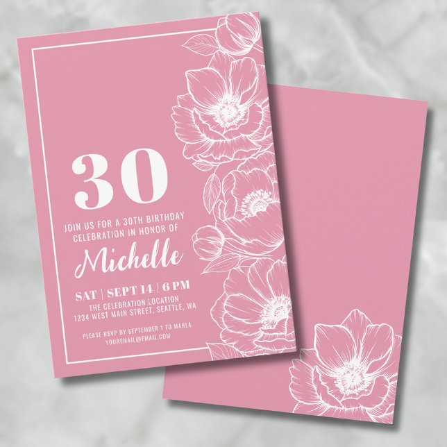 Convites Aniversário de 30 anos cor-de-rosa (Floral Pink 30th Birthday Invitation)