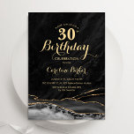 Convites Aniversário de 30 anos de Agate Dourado Preto<br><div class="desc">Convite de festas de aniversário de 30 anos preto e dourado. Elegante design moderno com aquarela agate marble geode background, faux glitter gold e typografia script font. Trendy convida o cartão perfeito para uma comemoração de dia das mulheres na moda. Impressos convites Zazzle ou modelo de impressão digital instantânea para...</div>