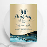 Convites aniversário de 30 anos de Agate Teal Dourado<br><div class="desc">Convite de festas de aniversário de 30 anos de chá e de ouro agata. Elegante design moderno com aquarela agate marble geode background, faux glitter gold e typografia script font. Trendy convida o cartão perfeito para uma comemoração de dia das mulheres na moda. Impressos convites Zazzle ou modelo de impressão...</div>