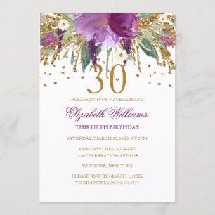 Convites Aniversário de 30 anos de Ametist Floral Glitter E