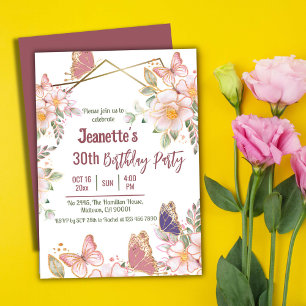Convites Aniversário de 30 anos de borboleta floral rosa el
