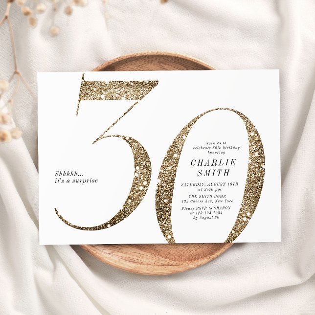 Convites Aniversário de 30 anos de brilho dourado moderno m (Modern minimalist faux gold glitter 30th birthday invitation)