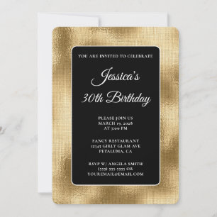 Convites Aniversário de 30 anos de Burlap preto e Dourado