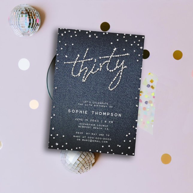 Convites Aniversário de 30 anos de Caligrafia Moderna Denim (denim diamonds 30th birthday invitation for women classy rhinestones modern elegant chic calligraphy)