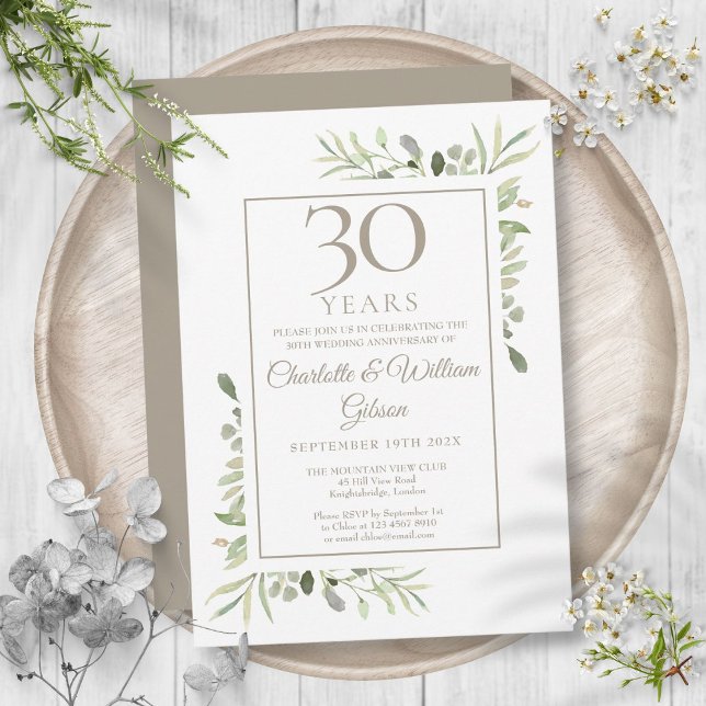 Convites Aniversário de 30 anos de casamento Pérola Verde F (Pearl 30th Wedding Anniversary Greenery Floral Invitation)